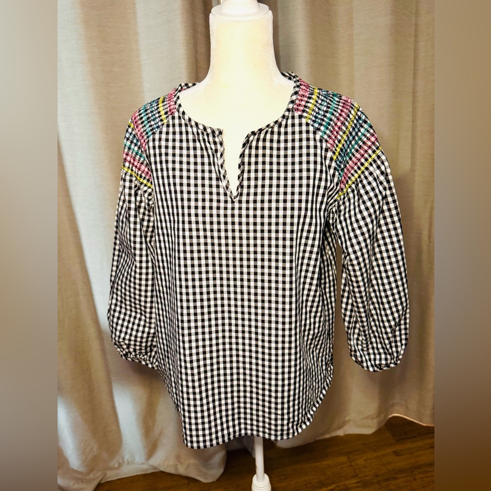 Madewell Black and White Gingham Blouse with Colorful Accents